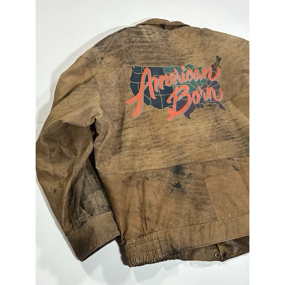Vintage 80s Adidas Leather Jacket Distressed Patchwork Map Lined USA Men’s Large